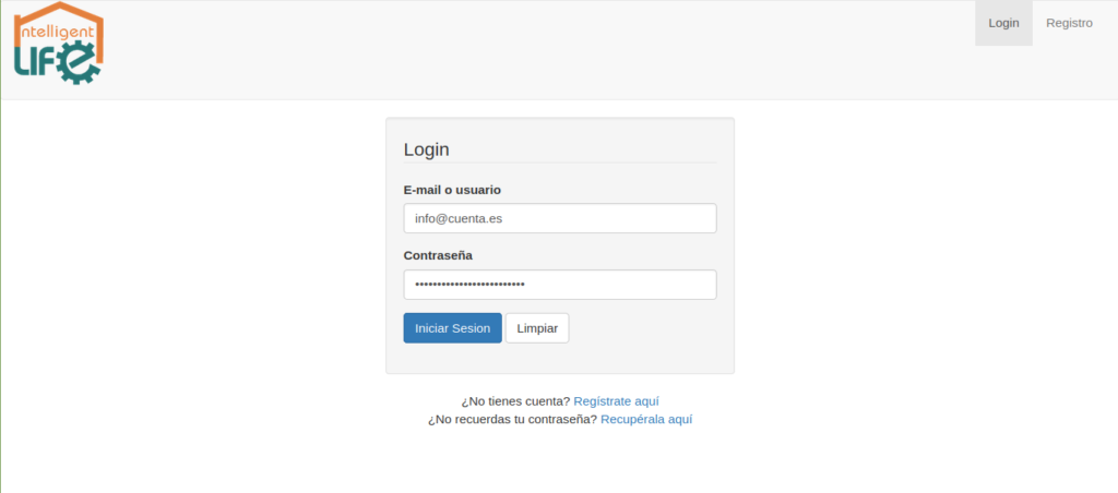 Pantalla de login de la aplicación de Intelligent Life