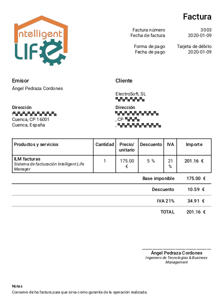 Factura generada con ERP CRM Intelligent Life Manager